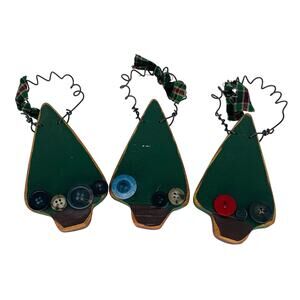 Christmas Tree Decor Lot of 3 Wood Buttons Wire Fabric Bows Handmade Winter